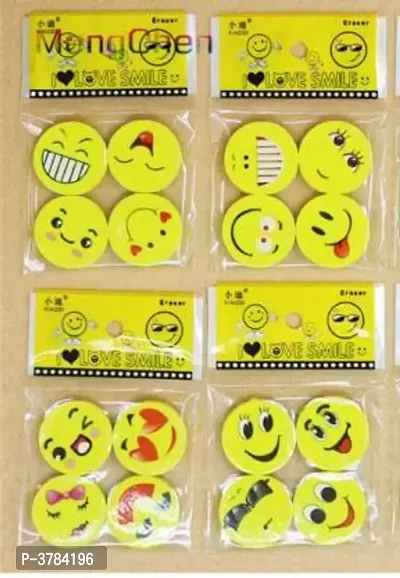Lovely Happy Funny Smiley Erasers / Rubber Birthday Return Gifts for Kids (Pack of 16 Pcs Erasers / 4 Packets) Non-Toxic Eraser  (Set of 4, Yellow)-thumb0