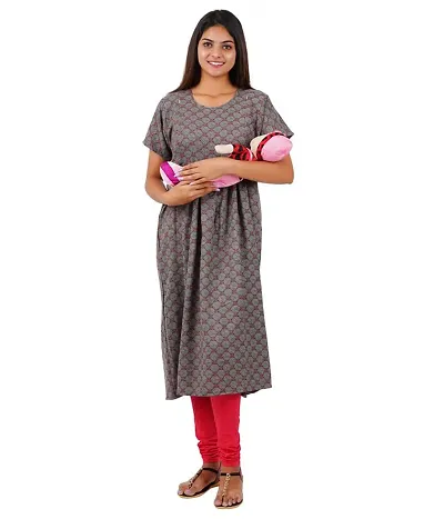 RibNee Women Printed Straight Maternity Dress Feeding Kurtis for Women with Concealed Nursing Zip for Breastfeeding  Pregnancy-(Grey) L
