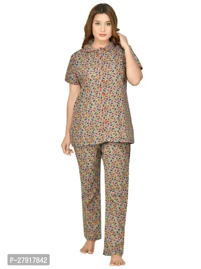 RibNee Night Suit Grey Printed Cotton Top and Pajama Set For Women