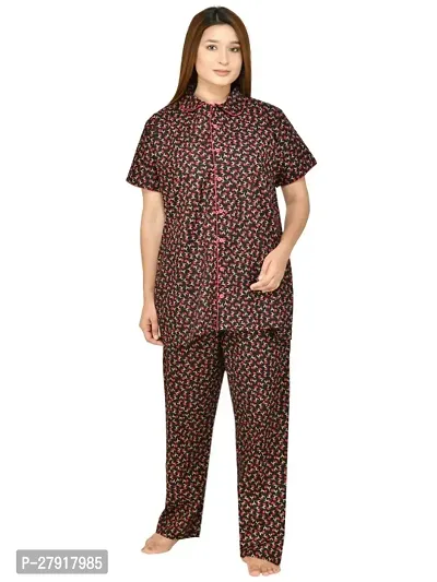 RibNee Night Suit Pink Printed Cotton Top and Pajama Set For Women