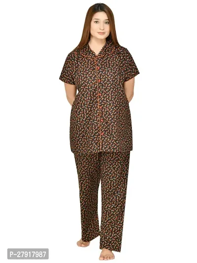 RibNee Night Suit Orange Printed Cotton Top and Pajama Set For Women-thumb0