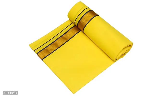 ABHIKRAM Elite Men?s Dhoti 100% Cotton Thalapathy Border 2.25 Mtrs Temple Wear Dhoti/Veshti/Mundu Single (Yellow)-thumb0