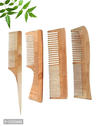 Handmade Neem Wood Anti-Dandruff Combs for Effective Hair Care Family Kit of 4