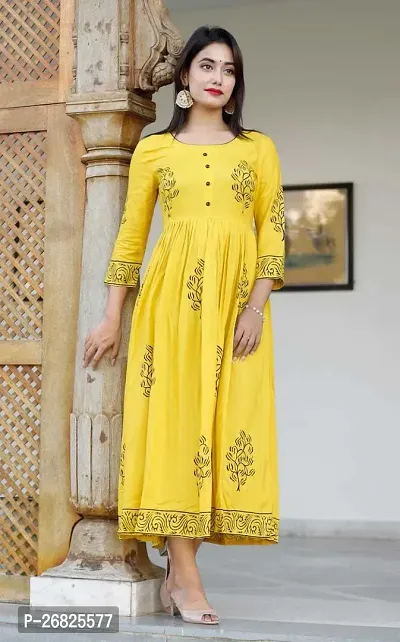 Trendy Yellow Printed Viscose Rayon Anarkali Kurta For Women