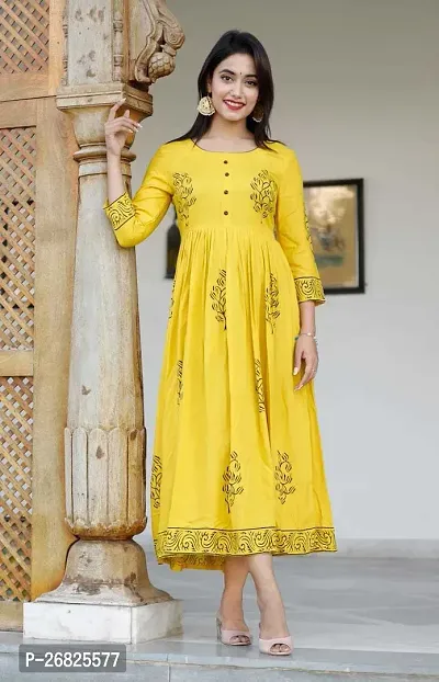 Trendy Yellow Printed Viscose Rayon Anarkali Kurta For Women-thumb3