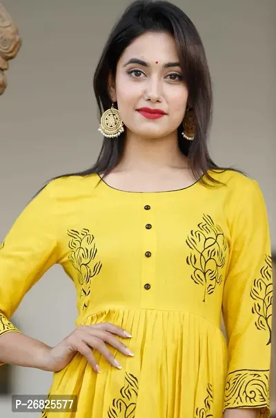 Trendy Yellow Printed Viscose Rayon Anarkali Kurta For Women-thumb4