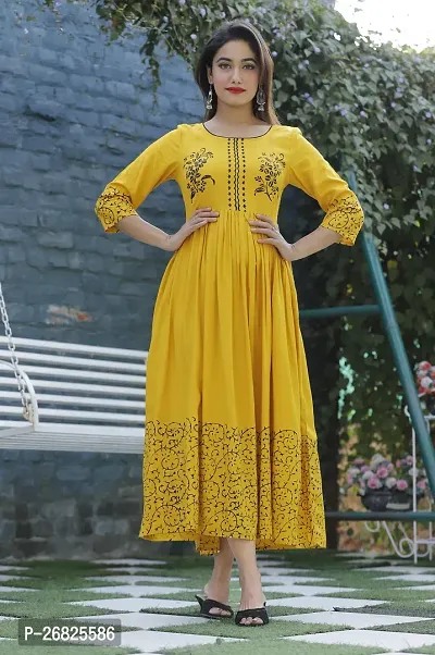 Trendy Yellow Printed Viscose Rayon Anarkali Kurta For Women-thumb0