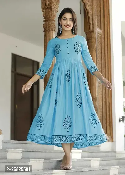 Trendy Blue Printed Viscose Rayon Anarkali Kurta For Women-thumb0