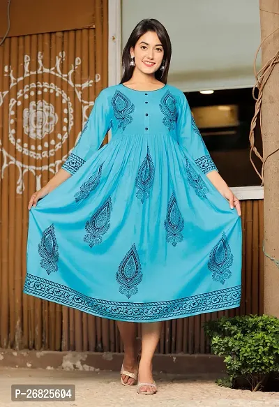 Trendy Blue Printed Viscose Rayon Anarkali Kurta For Women-thumb0