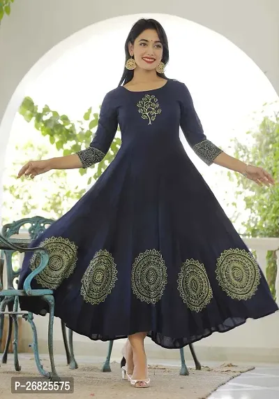 Trendy Navy Blue Printed Viscose Rayon Anarkali Kurta For Women-thumb0