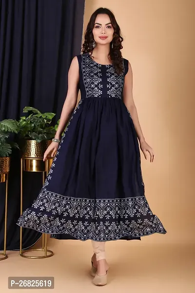 Trendy Navy Blue Printed Viscose Rayon A-Line Kurta For Women-thumb0