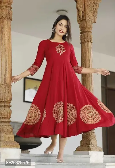 Trendy Red Printed Viscose Rayon Anarkali Kurta For Women