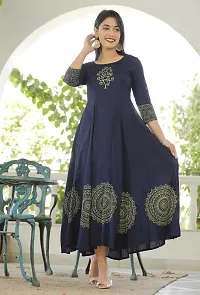 Trendy Navy Blue Printed Viscose Rayon Anarkali Kurta For Women-thumb3