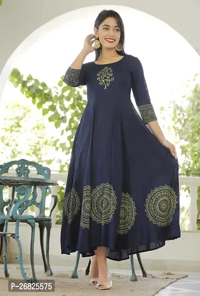 Trendy Navy Blue Printed Viscose Rayon Anarkali Kurta For Women-thumb4