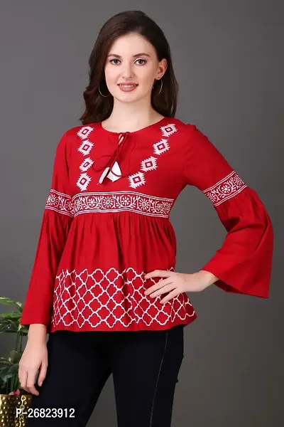 Elegant Red Viscose Rayon Printed Top For Women