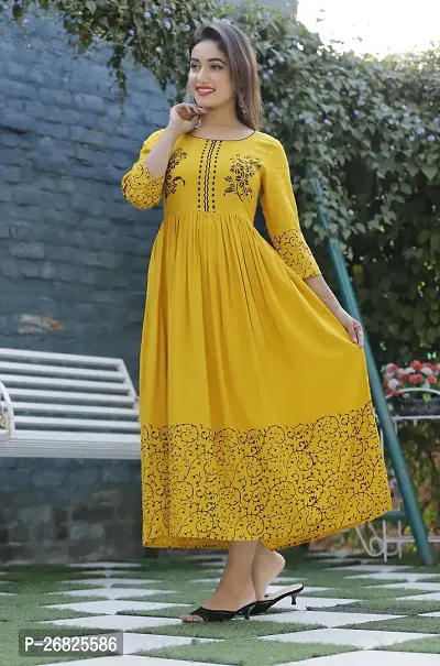 Trendy Yellow Printed Viscose Rayon Anarkali Kurta For Women-thumb4