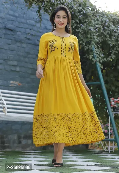 Trendy Yellow Printed Viscose Rayon Anarkali Kurta For Women-thumb3