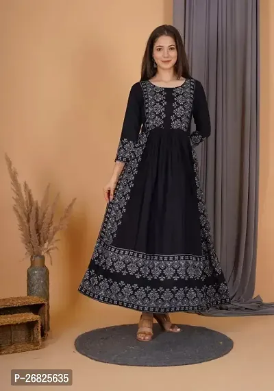 Trendy Black Printed Viscose Rayon A-Line Kurta For Women-thumb0