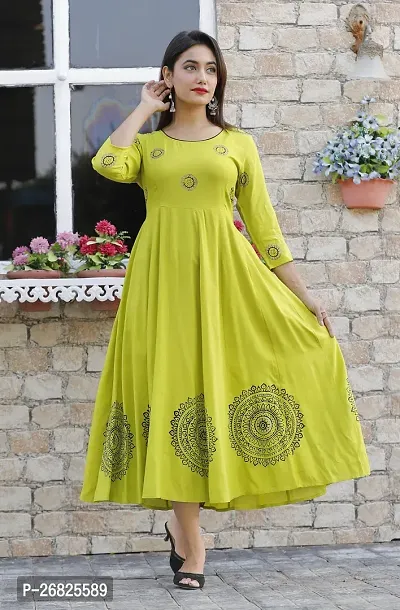 Trendy Green Printed Viscose Rayon Anarkali Kurta For Women-thumb3