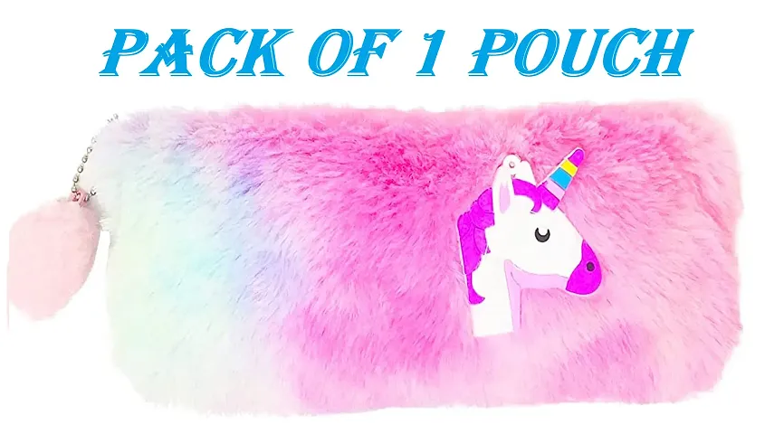 Rainbow Color Unicorn Soft Fur Pouch Multipurpose Unicorn Pencil Case, Pencil Pouch for Girls, Cute Fur Pouch