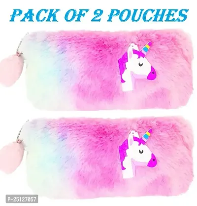 Rainbow Color Unicorn Soft Fur Pouch Multipurpose Unicorn Pencil Case, Pencil Pouch for Girls, Cute Fur Pouch COMBO SET