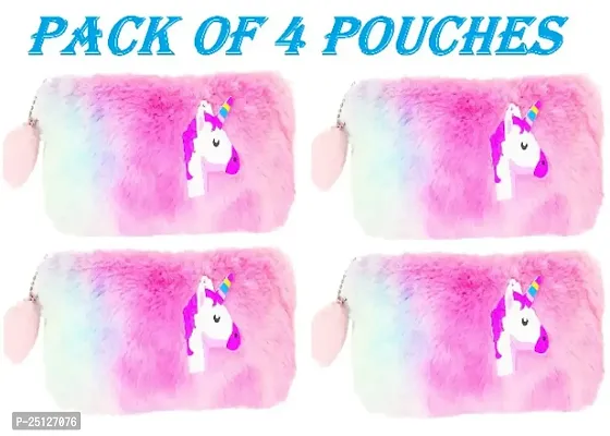 Rainbow Color Unicorn Soft Fur Pouch Multipurpose Unicorn Pencil Case, Pencil Pouch for Girls, Cute Fur Pouch COMBO SET