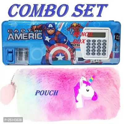 Captain america Calculator Pencil Box And Unicorn fur Pouch Combo Set For Boys And Girls