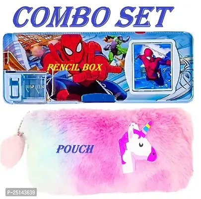 Spiderman Calculator Pencil Box And Unicorn fur Pouch Combo Set For Boys And Girls-thumb0