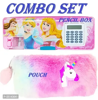 Princess Calculator Pencil Box And Unicorn fur Pouch Combo Set For Girls