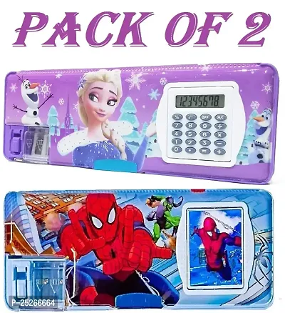 Frozen And Spiderman Calculator Box Art Plastic Pencil Boxes  (Set of 2, Multicolor)-thumb0
