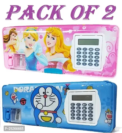 Doreamon And Princess Calculator Box Art Plastic Pencil Boxes  (Set of 2, Multicolor)-thumb0