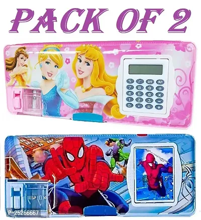 Spiderman And Princess Calculator Box Art Plastic Pencil Boxes  (Set of 2, Multicolor)-thumb0