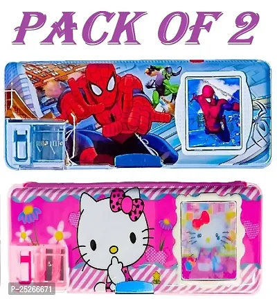 Spiderman And Hello Kitty Calculator Box Art Plastic Pencil Boxes  (Set of 2, Multicolor)-thumb0