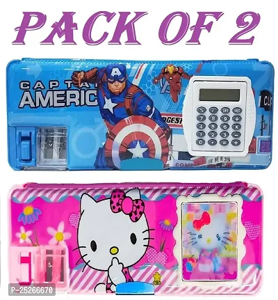 Avenger And Hello Kitty Calculator Box Art Plastic Pencil Boxes  (Set of 2, Multicolor)-thumb0