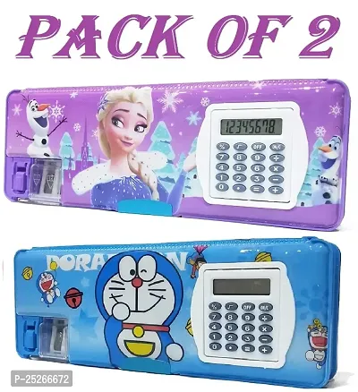Frozen And Doreamon Calculator Box Art Plastic Pencil Boxes  (Set of 2, Multicolor)-thumb0
