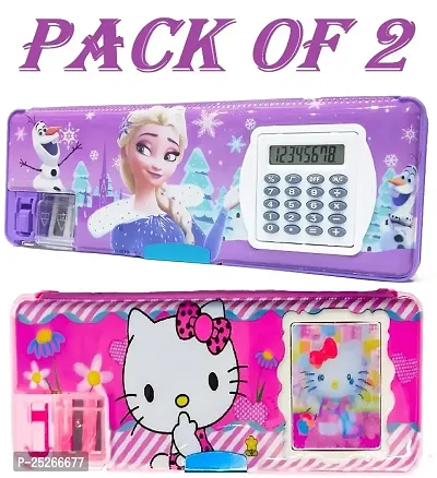 Frozen And Hello Kitty Calculator Box Art Plastic Pencil Boxes  (Set of 2, Multicolor)-thumb0