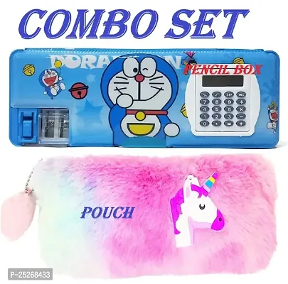Doreamon Calculator Pencil Box And Unicorn fur Pouch Combo Set For Boys And Girls