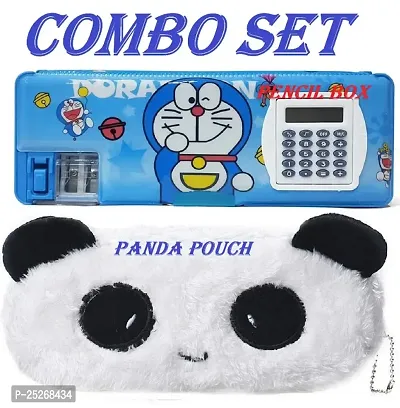 Doreamon Calculator Pencil Box And Animal Panda Fur Pouch Combo Set For Boys And Girls