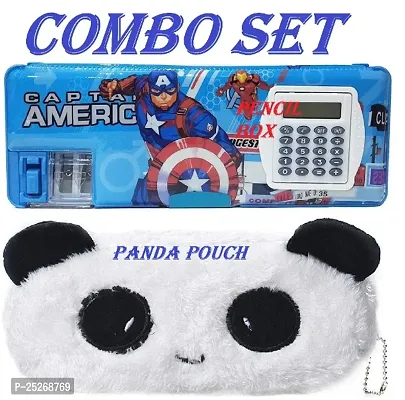 Avenger Calculator Pencil Box And Animal Panda Fur Pouch Combo Set For Boys And Girls