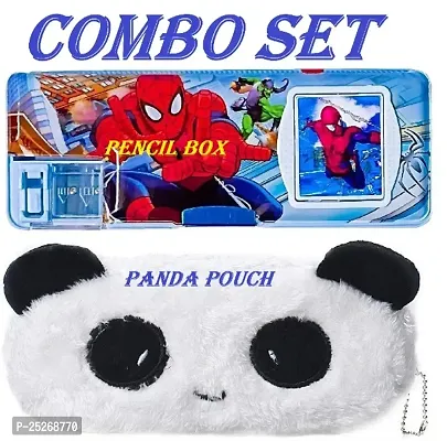 Spiderman Calculator Pencil Box And Animal Panda Fur Pouch Combo Set For Boys And Girls-thumb0