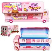 Metal Double Decker Bus Shape Pencil Box for Kids with Moving Tyres  3 Compartments Pencil Case for Boys  Girls - Multi-Color-thumb1