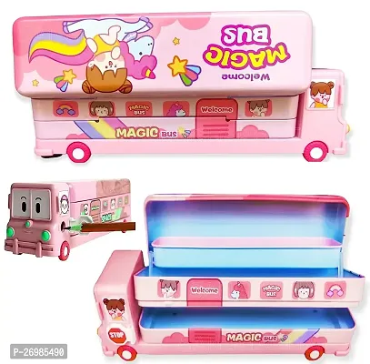 Metal Double Decker Bus Shape Pencil Box for Kids with Moving Tyres  3 Compartments Pencil Case for Boys  Girls - Multi-Color-thumb2