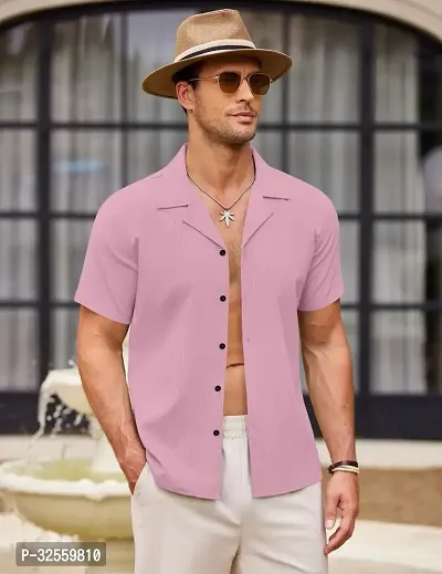 Stylish Pink Polycotton Solid Short Sleeves Shirt For Men-thumb0