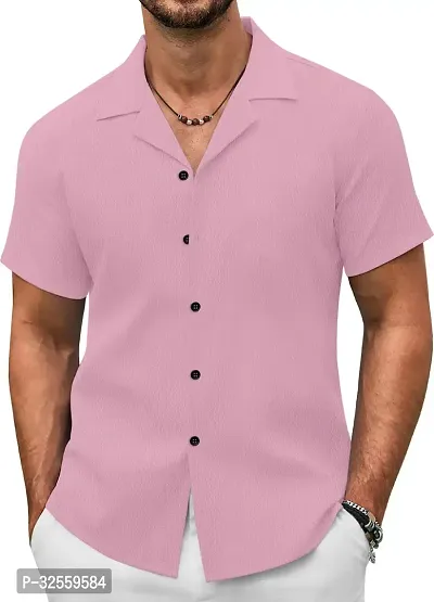 Stylish Pink Polycotton Solid Short Sleeves Shirt For Men-thumb0