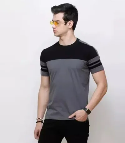 Men Colorblock Round Neck Blend T-Shirt (XX-Large, Black-Grey)