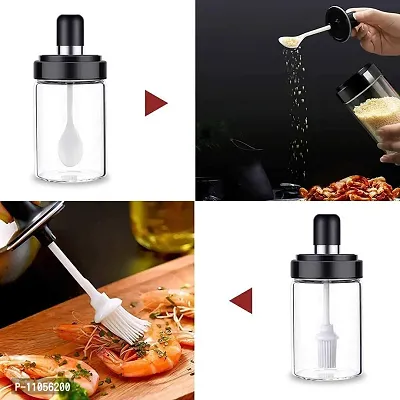 Borosilicate Glass Food Storage Spice Salt Sugar Condiment Jar with Spoon and Olive Oil Bottle with Brush - Airtight Cap - for Kitchen  Restaurants - 250ml, Transparent, 1 Brush + Spoon Jar-thumb2