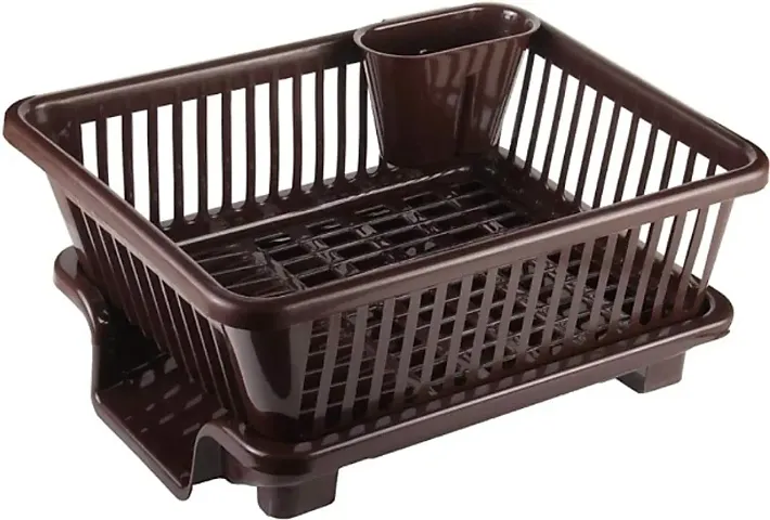 Limbakshit Large Durable Unbreakable Plastic 3 in 1 Kitchen Sink Dish Rack Drainer Drying Rack Washing Basket with Tray for Kitchen, Dish Rack Organizers, After wash Cutlery (Brown)