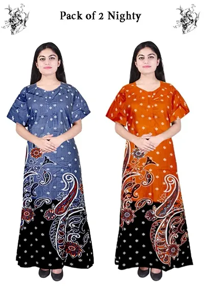 Pack Of 2 Cotton Printed Nighty/Night Gown Combo For Women