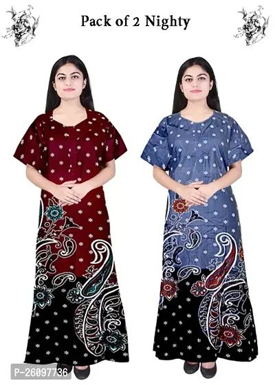 Stylish Multicoloured Cotton Printed Nighty For Women, Pack Of 2