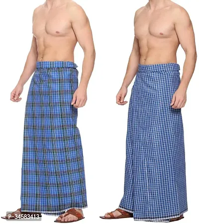 Elite Multicoloured Polycotton Checked Lungis For Men Pack Of 2-thumb3